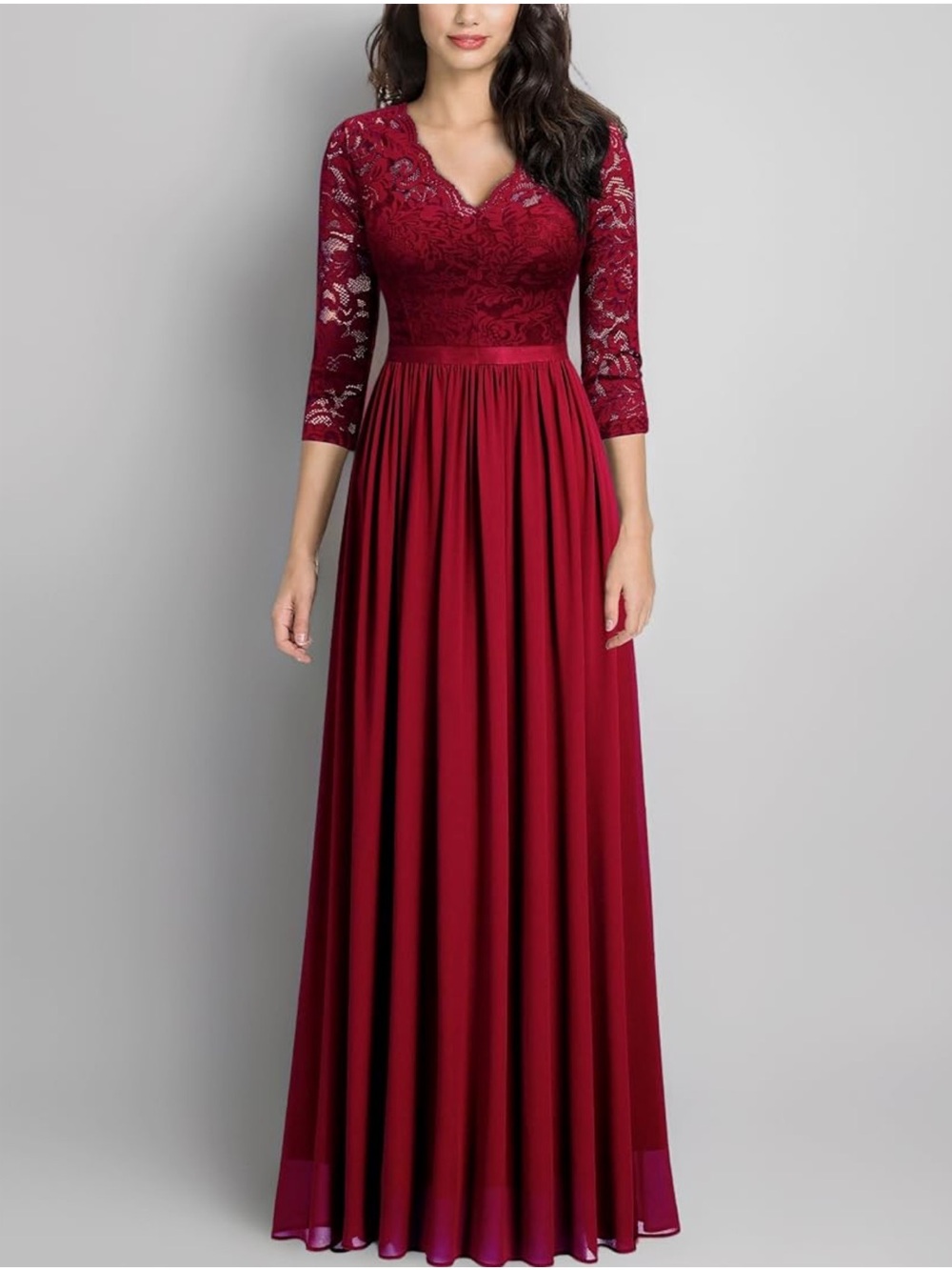 NWOT Women’s Burgundy Lace Maxi Dress with Three-Quarter Sleeves